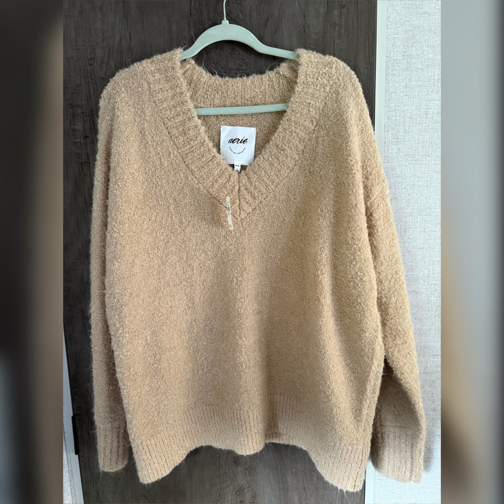 Aerie Plush V-Neck Sweater in Soft Beige